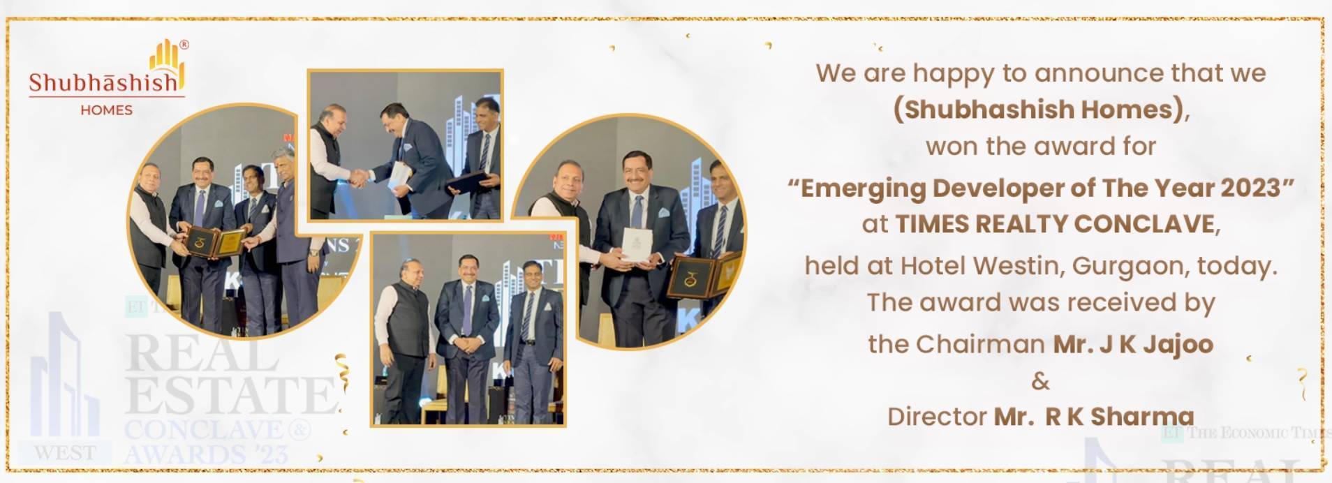 Shubhashish Homes Honoured with the Emerging Developer Award at Times Realty Icons 2023